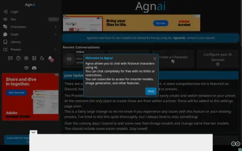 Agnai home screen in guest mode with Recent Conversations and welcome tip