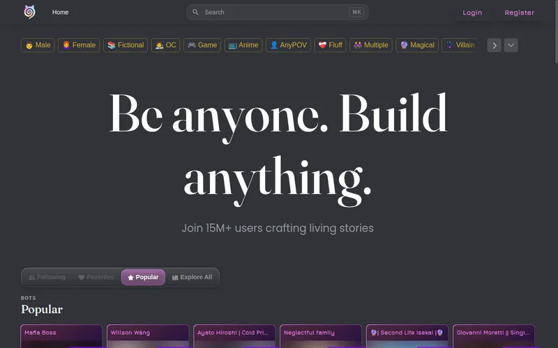 Janitor AI homepage with tag row and Popular bots