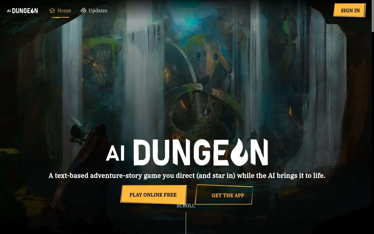 AI Dungeon homepage on desktop with Sign In, Play Online Free and Get the App