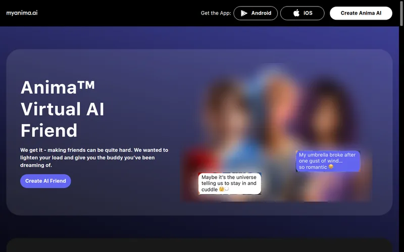 Anima Virtual AI Friend homepage