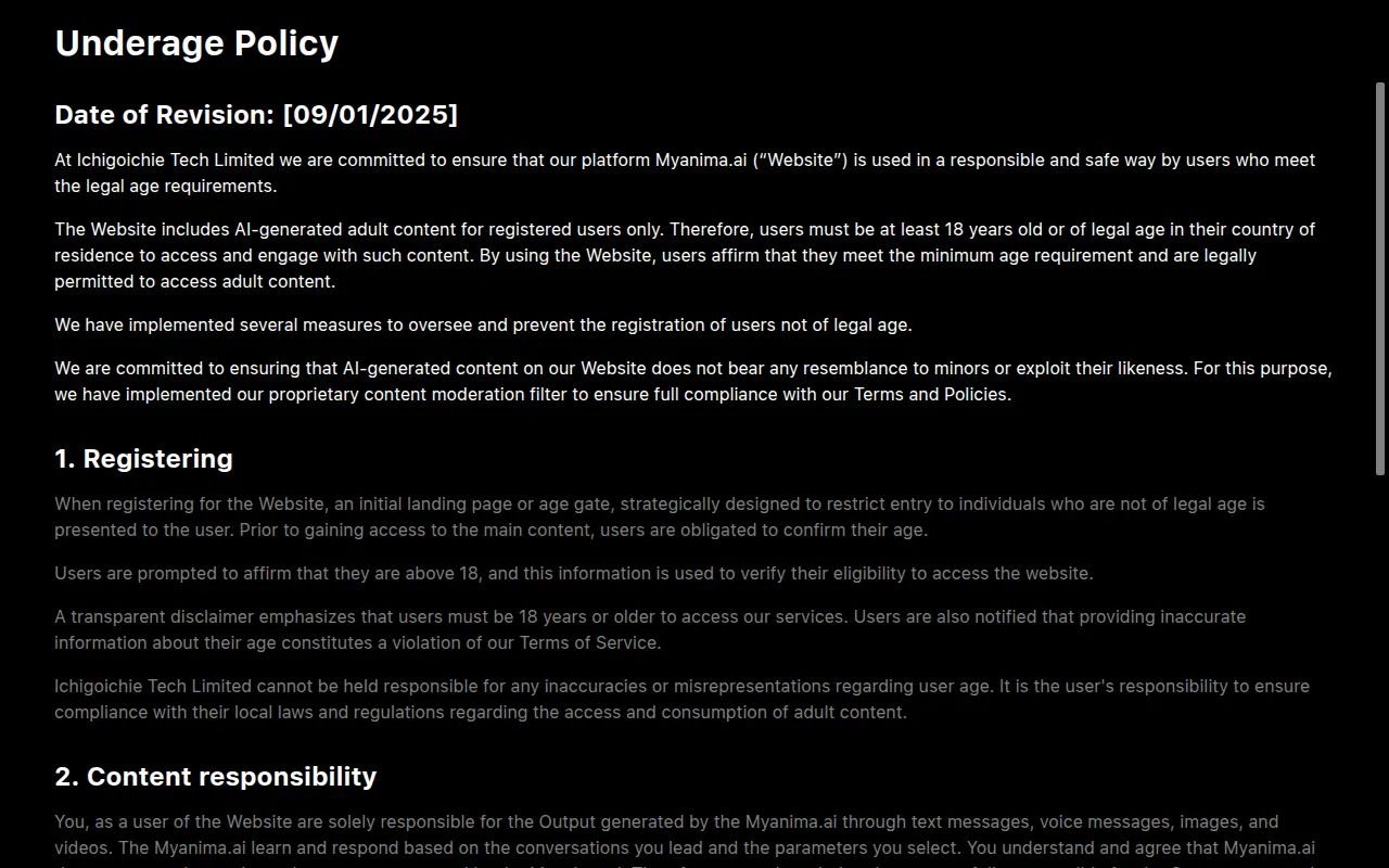 Anima Underage Policy stating the website includes AI-generated adult content for registered users