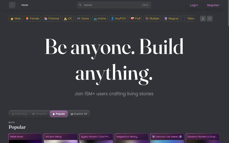 Janitor AI homepage with tag filters and Be anyone. Build anything headline