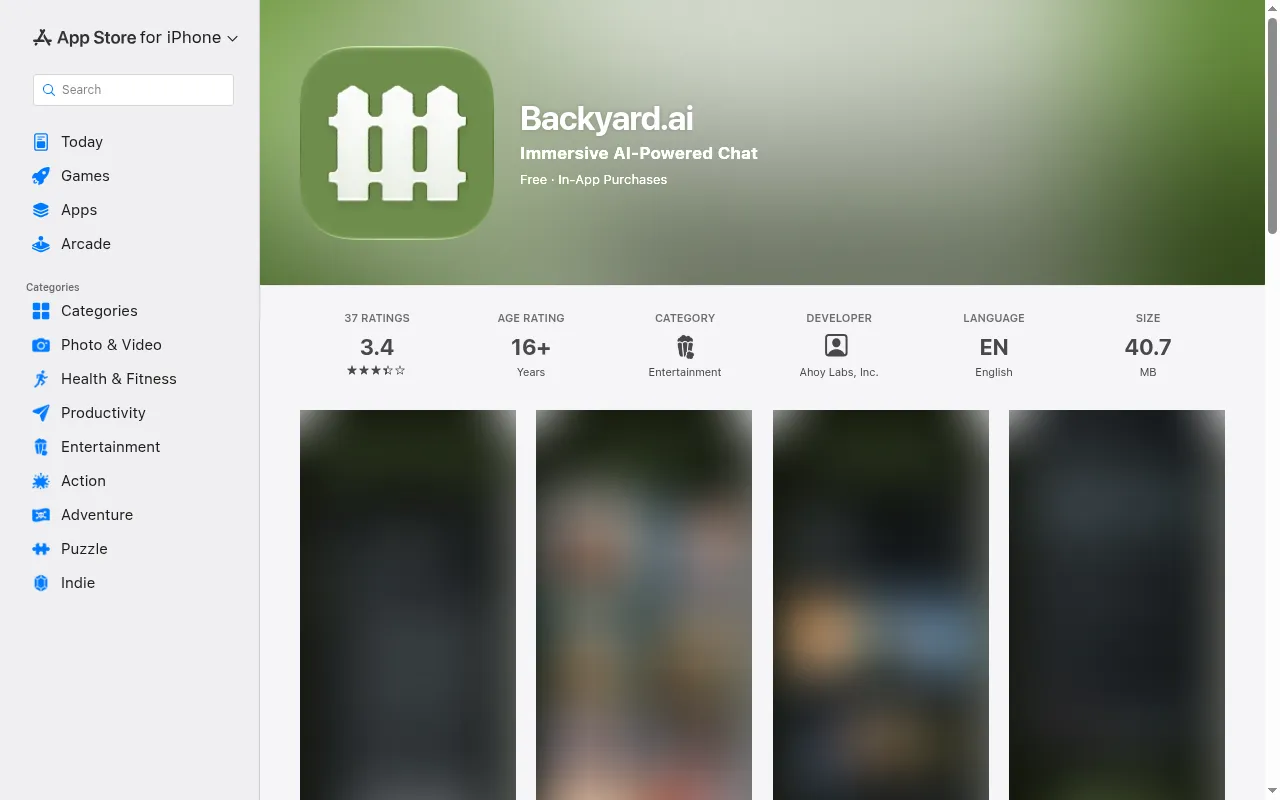 Backyard.ai listing in the US App Store with a 16+ age rating