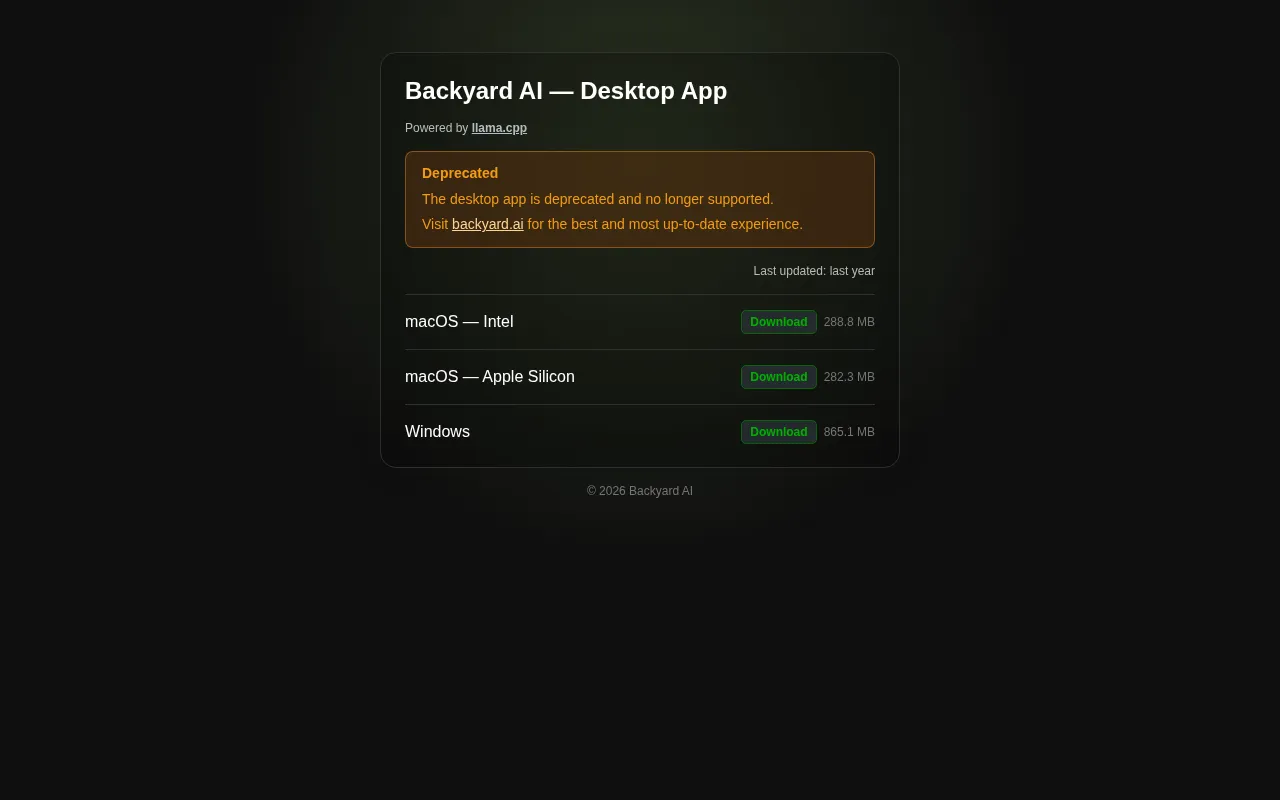 Backyard AI desktop app download page with a Deprecated notice