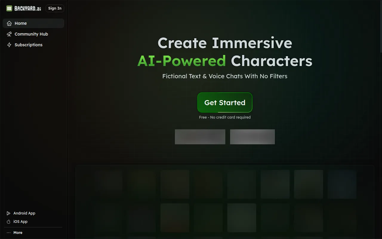 Backyard AI homepage on desktop with the headline Fictional Text and Voice Chats With No Filters
