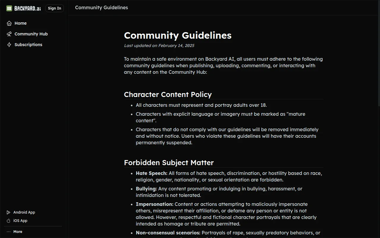 Backyard AI Community Guidelines with the rule that all characters must portray adults over 18