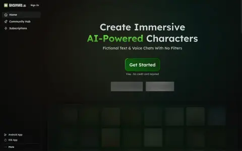 Backyard AI homepage with sidebar and Create Immersive AI-Powered Characters headline