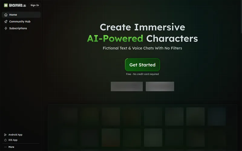 Backyard AI homepage with sidebar and Create Immersive AI-Powered Characters headline