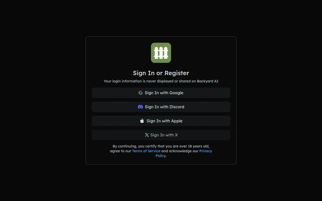 Backyard AI Sign In or Register page with Google, Discord, Apple and X buttons only