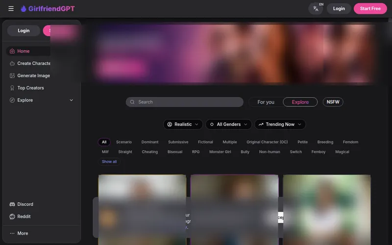 GirlfriendGPT home page with sidebar, search and filters