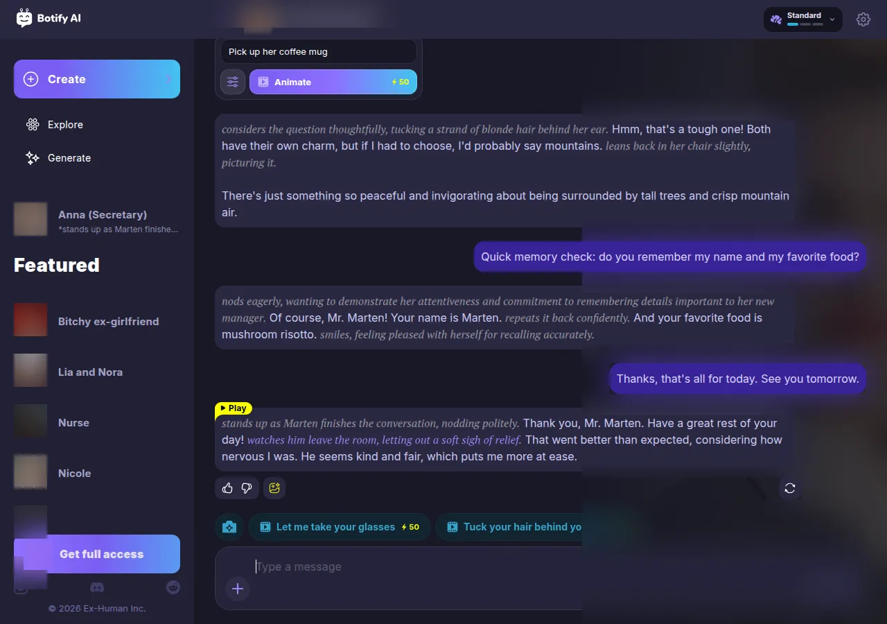 Botify AI chat with a fictional secretary character recalling the user's name and favourite food