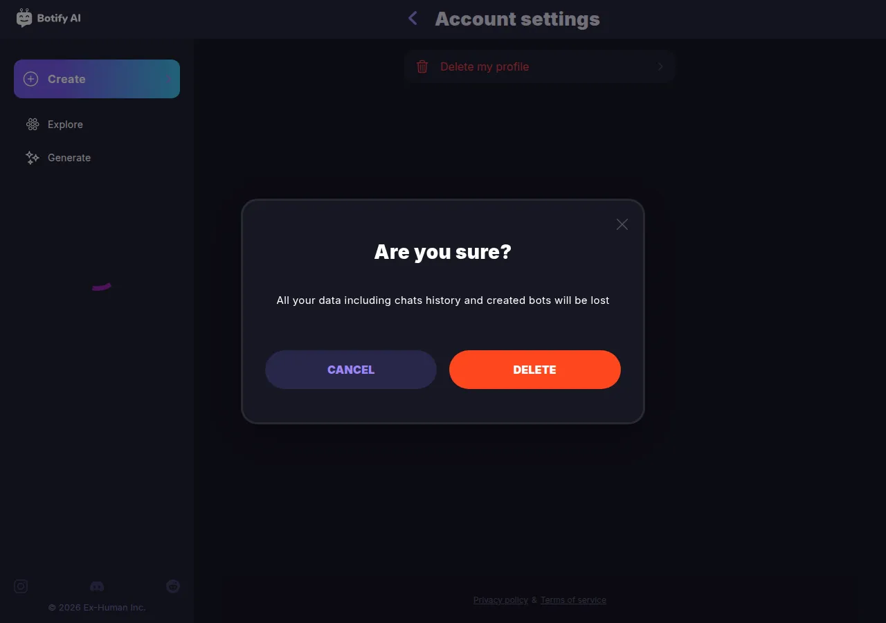 Botify AI account deletion confirmation dialog