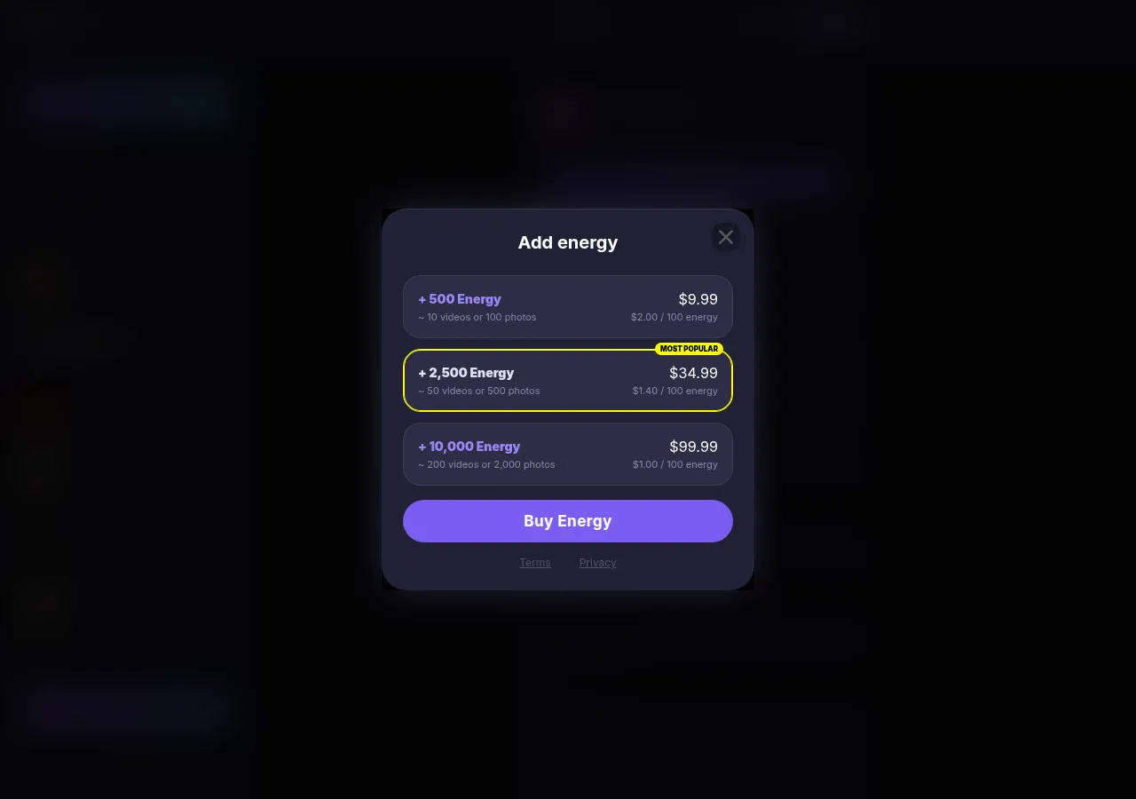 Botify AI Add energy window with 500, 2,500 and 10,000 energy packs