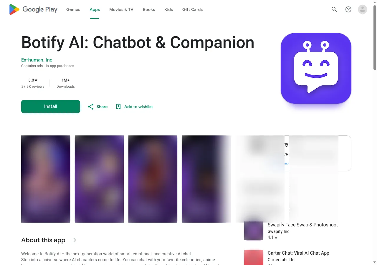 Botify AI listing on Google Play by Ex-human, Inc with 1M+ downloads