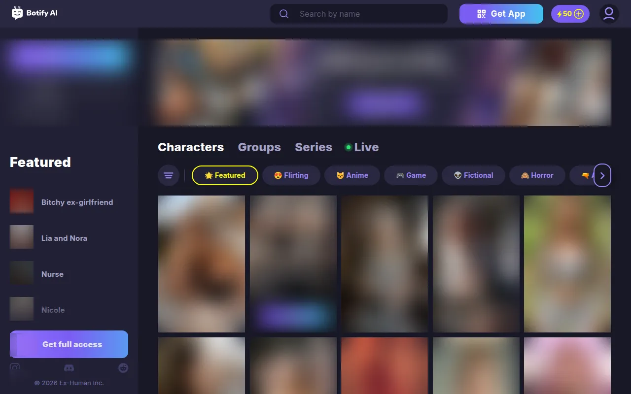 Botify AI catalog page with sidebar, Featured list and character grid