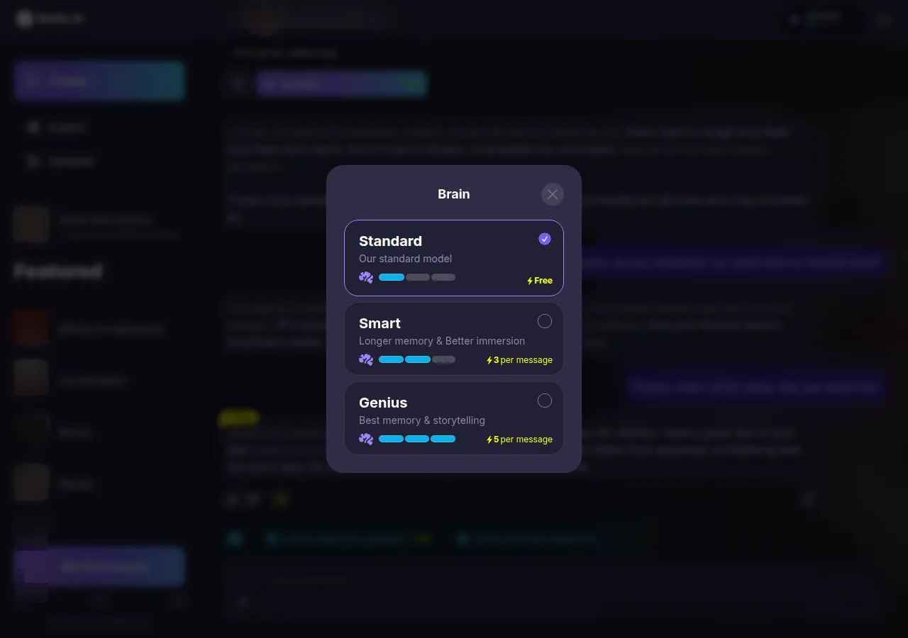 Botify AI Brain picker: Standard free, Smart 3 energy per message, Genius 5 energy per message