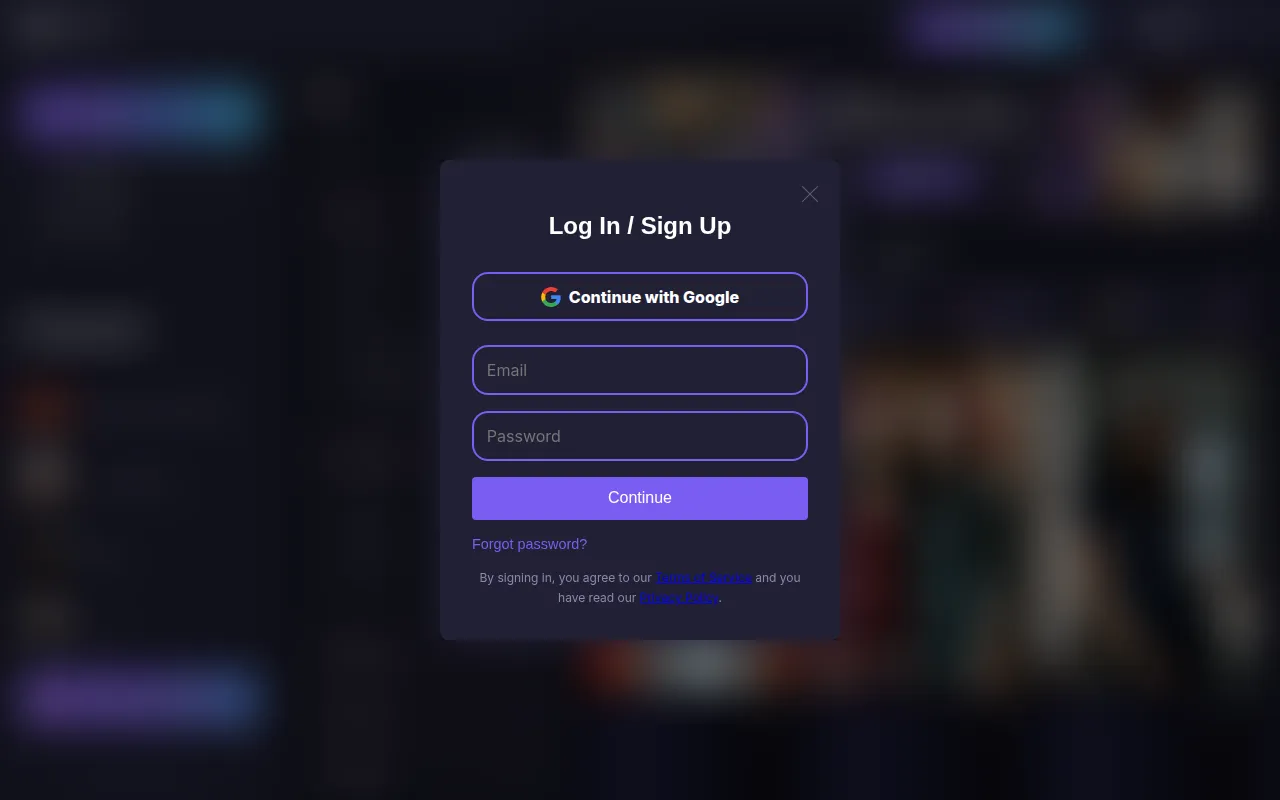 Botify AI Log In / Sign Up window with Google and email options