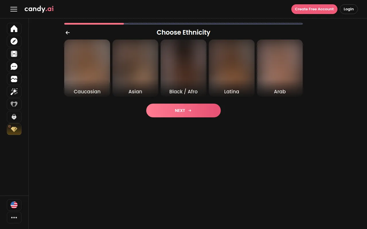 Candy AI character builder step with five ethnicity options and a Next button