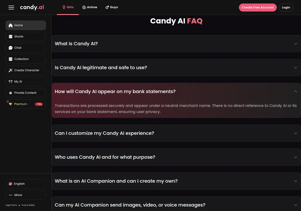 Candy AI homepage FAQ with the bank statement question expanded