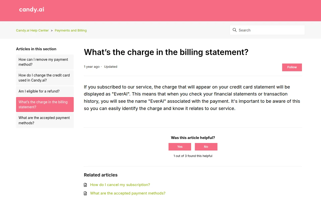 Candy AI Help Center article explaining the EverAI billing descriptor