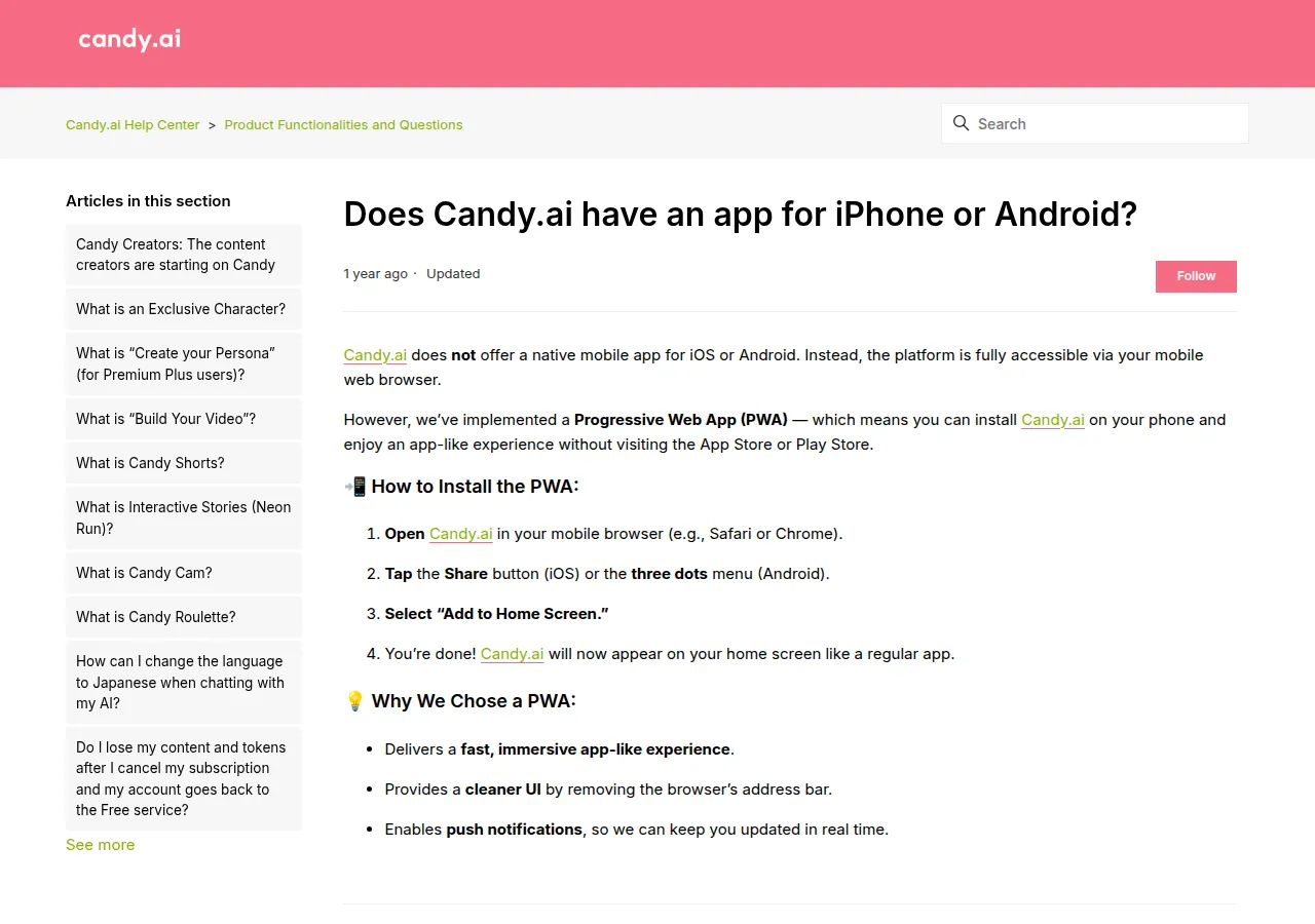 Candy AI Help Center article stating there is no native iOS or Android app, only a PWA