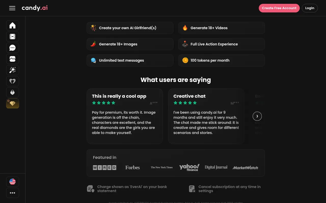 Bottom of Candy AI subscription page with the note that charges show as EverAI