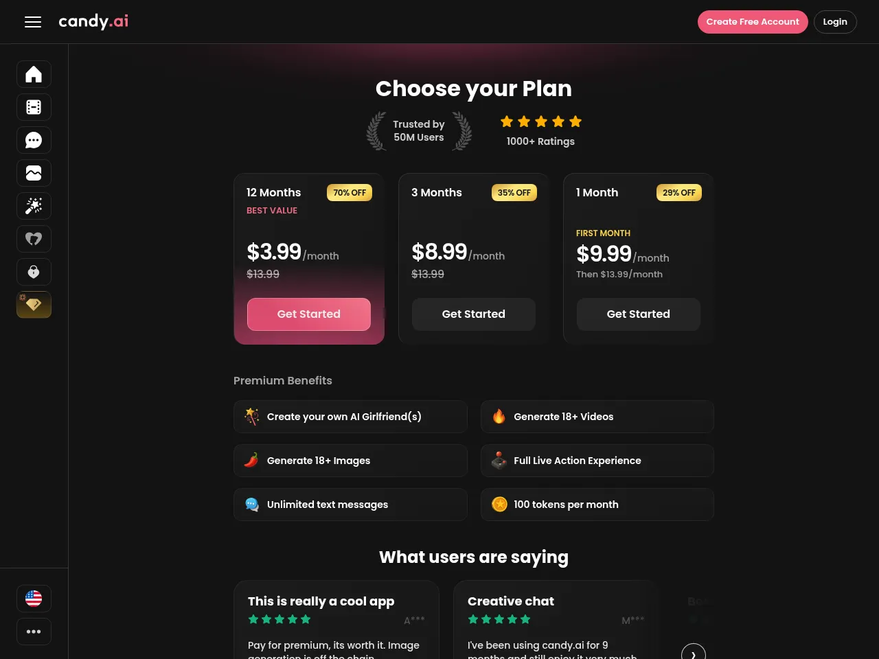 Candy AI subscription page showing 12-month, 3-month and 1-month plans in US dollars