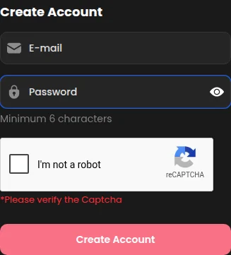 Candy AI registration form showing Please verify the Captcha, with empty email and password fields