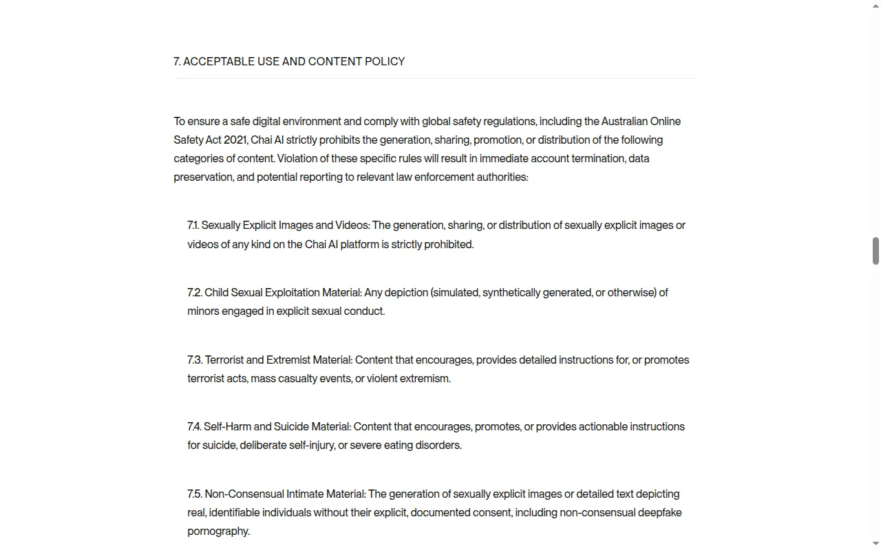 Chai end user license agreement section 7 listing prohibited content