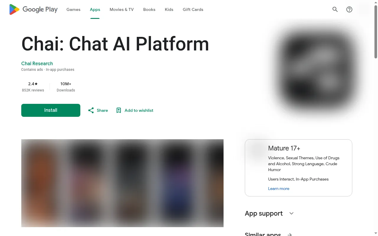 Chai Google Play listing with 2.4 rating, 10M+ downloads and Mature 17+ rating