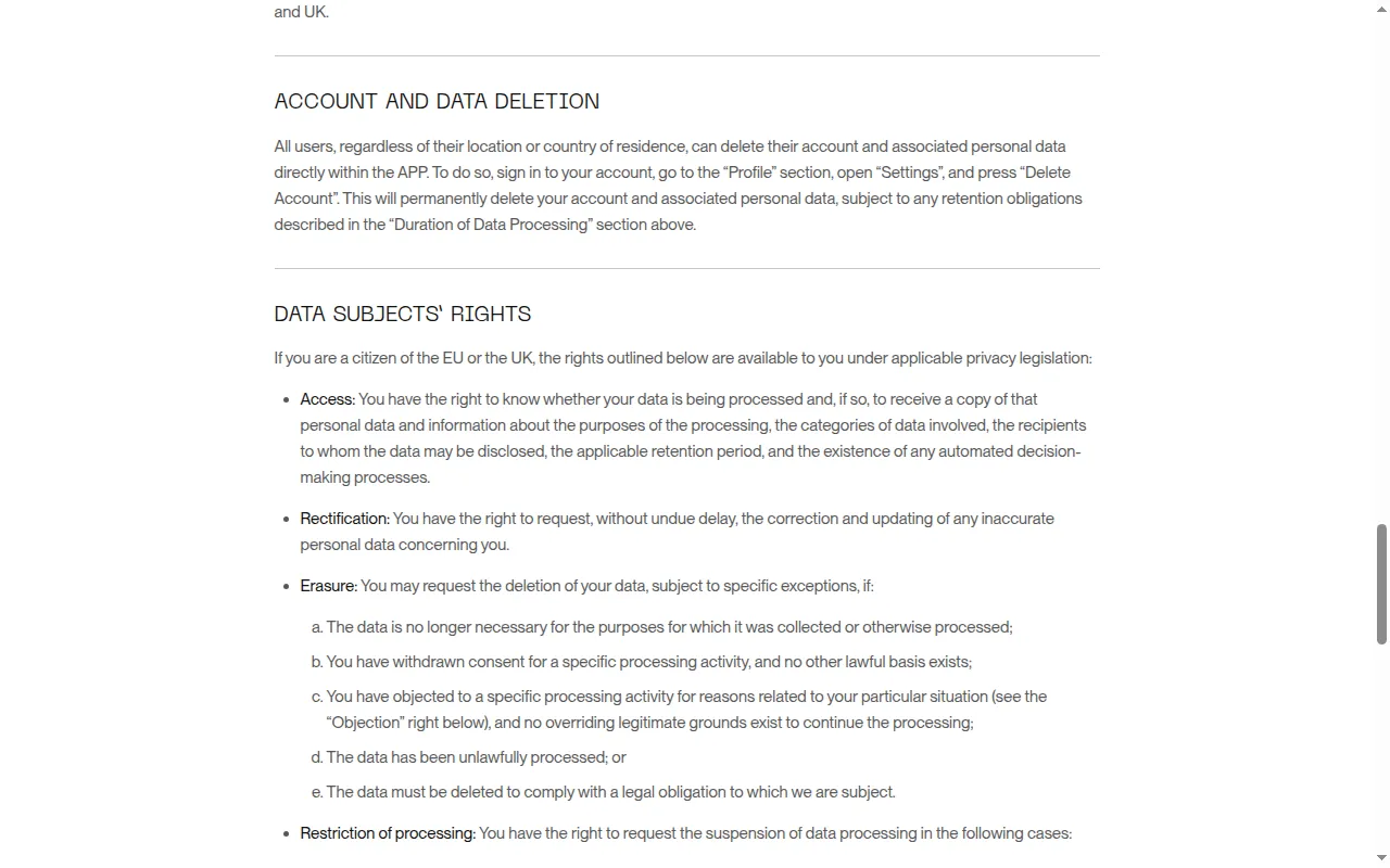 Chai privacy policy section on account and data deletion