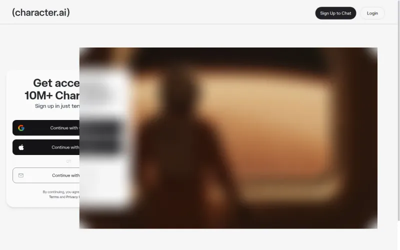 Character.AI sign-up page: Get access to 10M+ Characters
