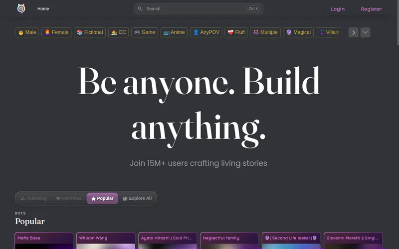 Janitor AI home page with genre tags and a Popular row