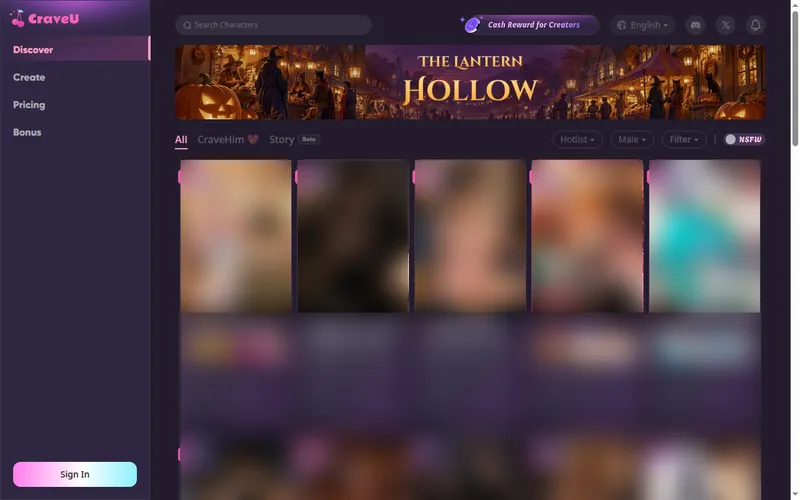 CraveU Discover page with sidebar, banner and blurred character cards