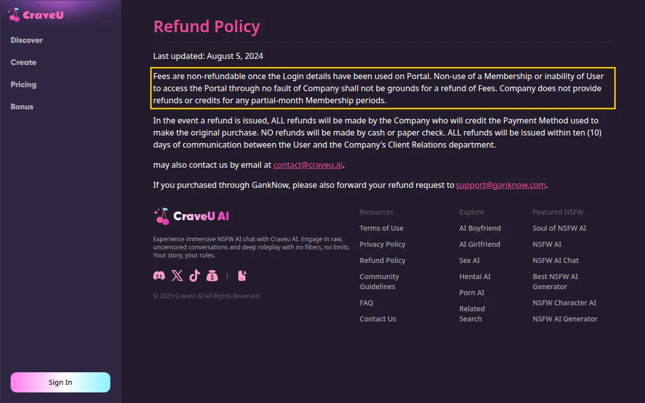 CraveU refund policy stating fees are non-refundable once the login has been used