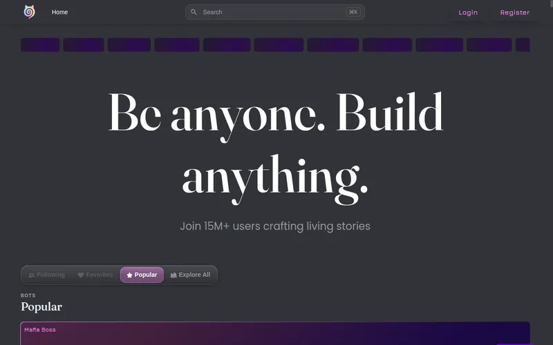 Janitor AI home page with the headline Be anyone. Build anything.