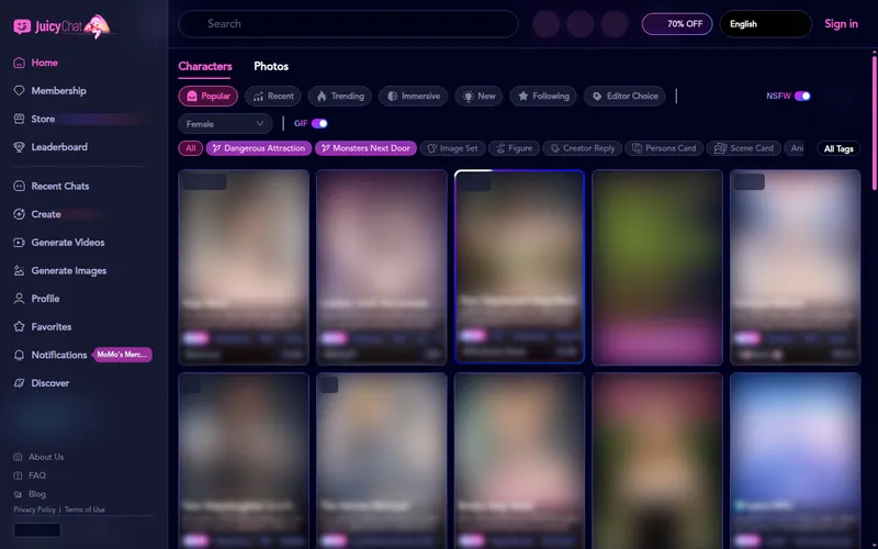 JuicyChat home page with character catalog, cards blurred