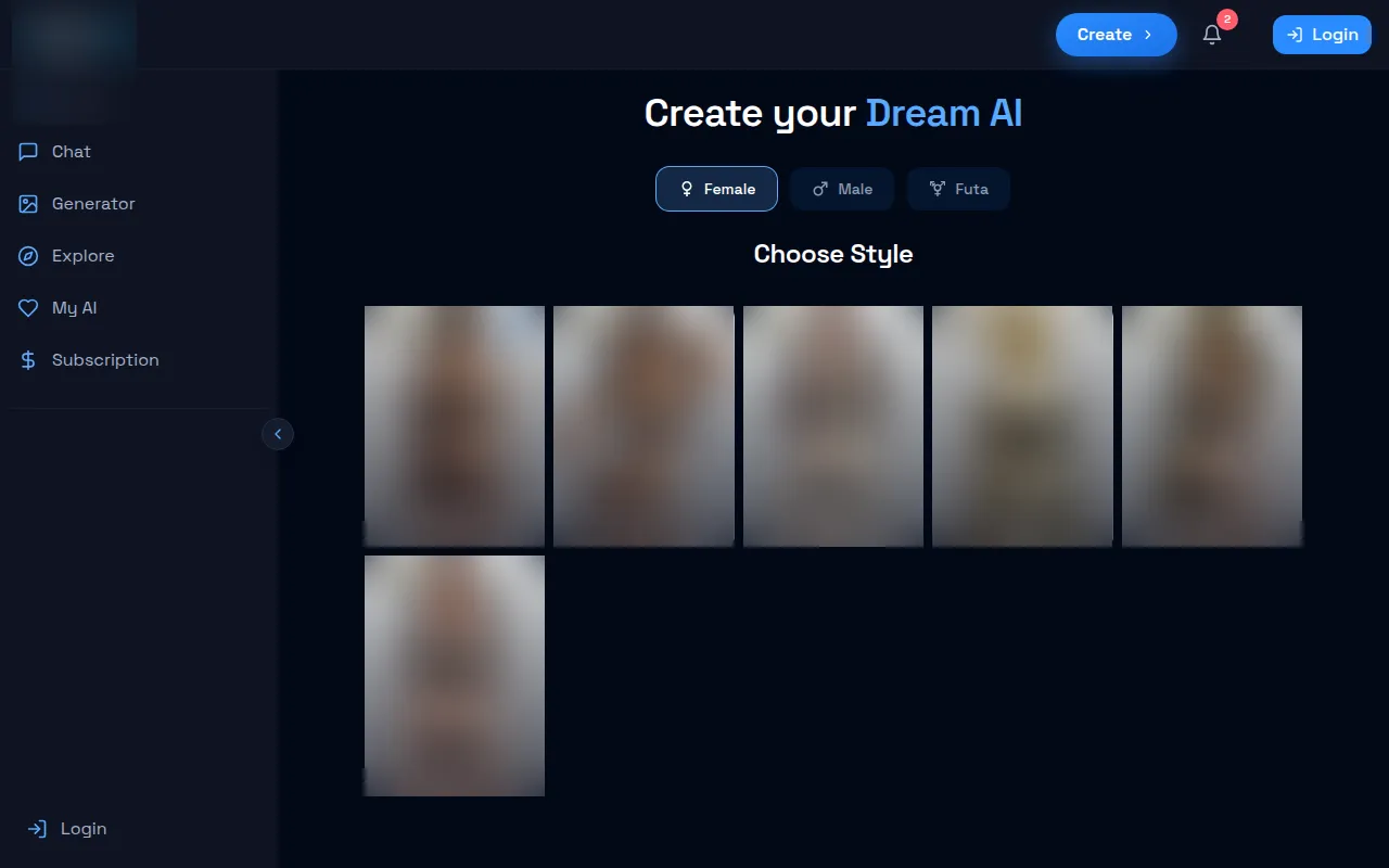 DarLink AI character builder with Female, Male and Futa options and style tiles