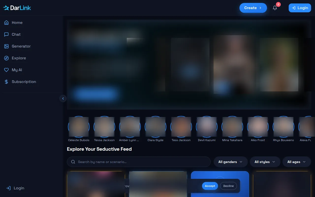 DarLink AI desktop homepage with banner, character carousel and Explore Your Seductive Feed filters