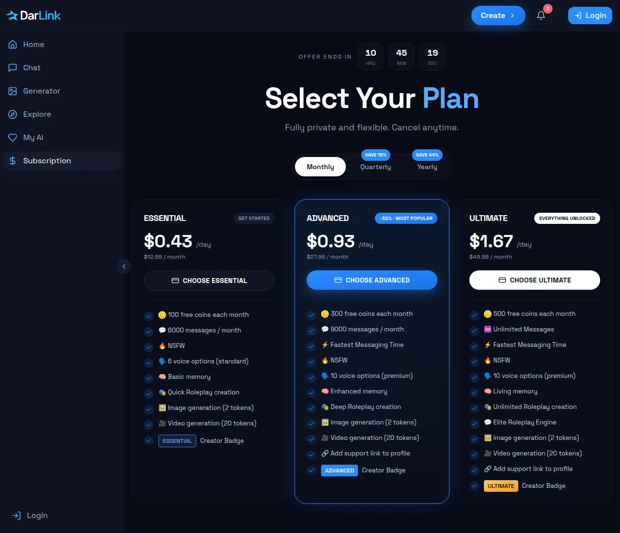 DarLink AI plan page with Essential, Advanced and Ultimate monthly prices in US dollars