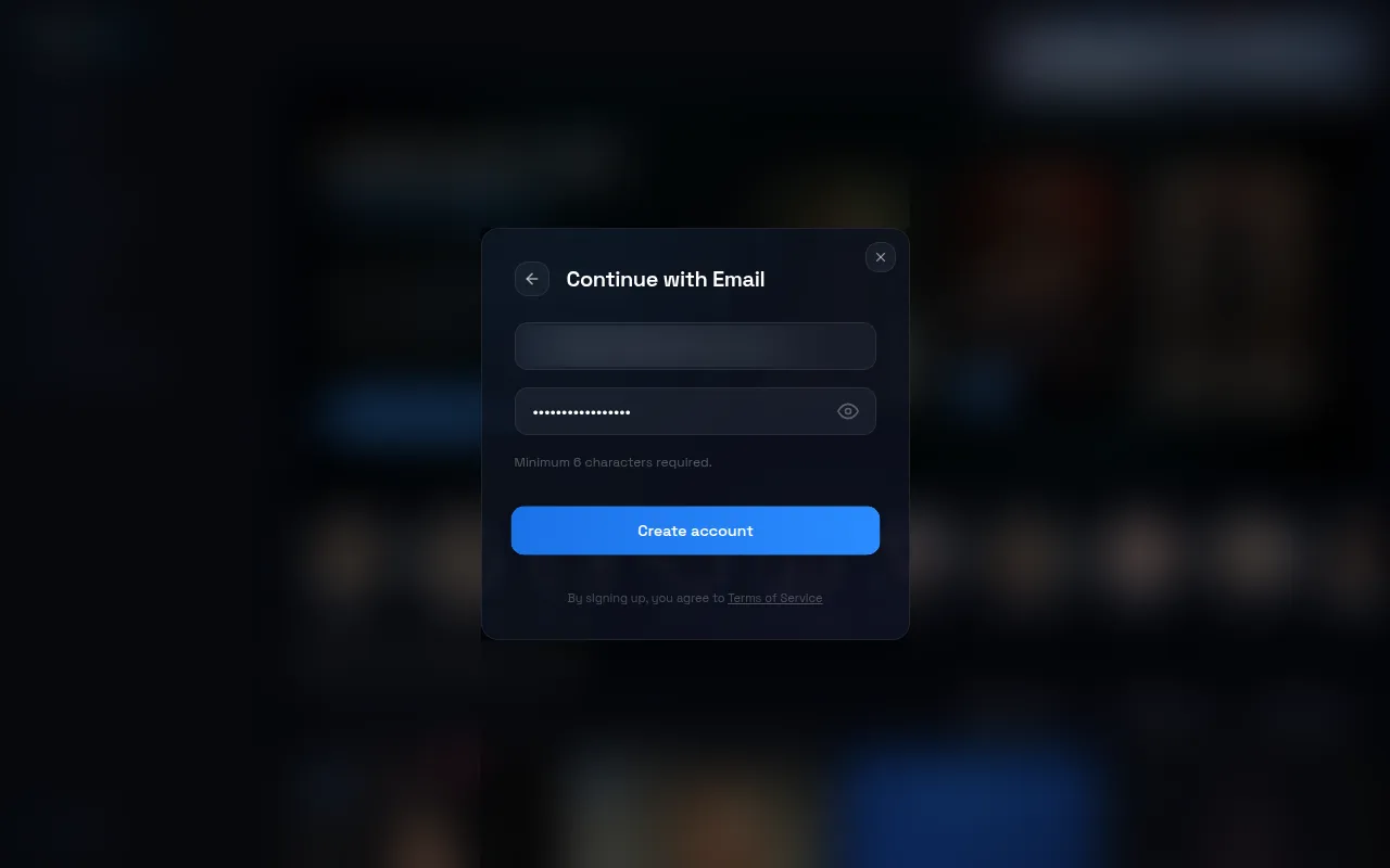 DarLink AI email sign-up form with masked email and password fields