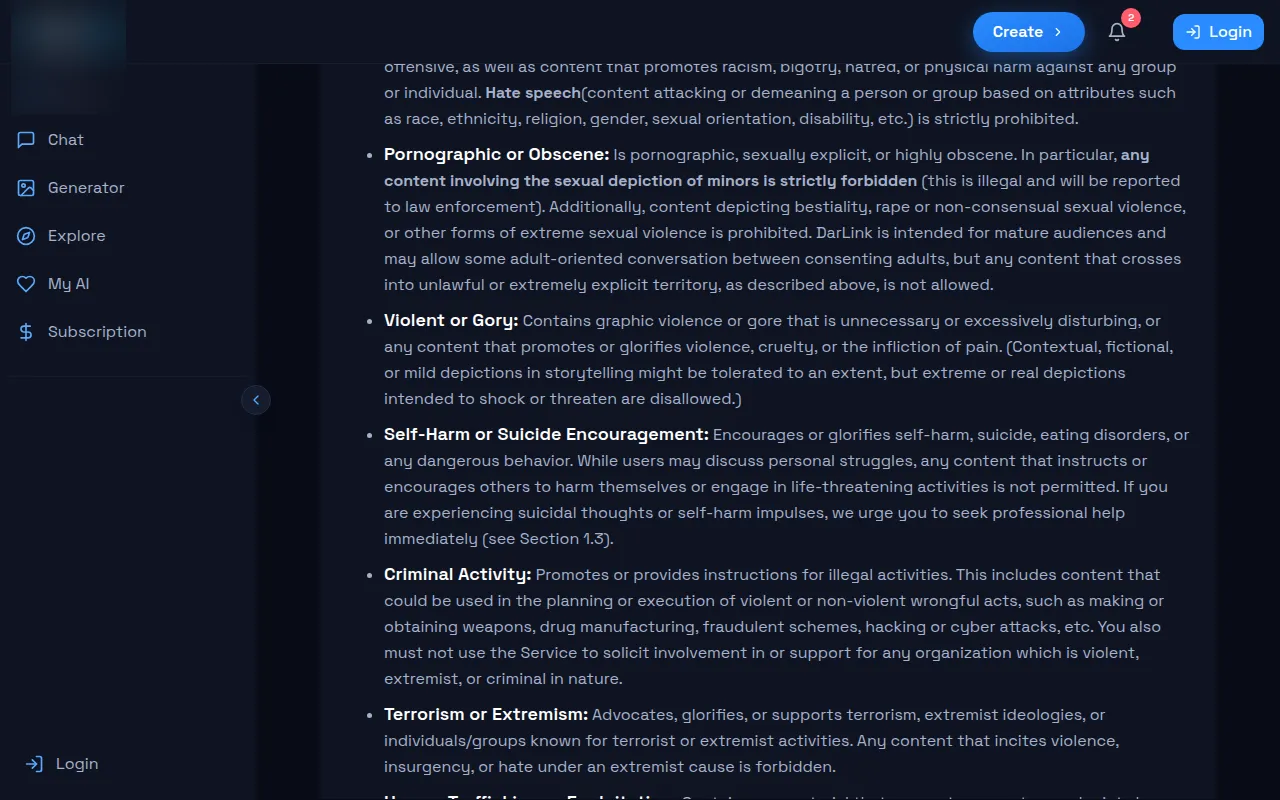 DarLink AI terms list of prohibited content including the pornographic or obscene clause