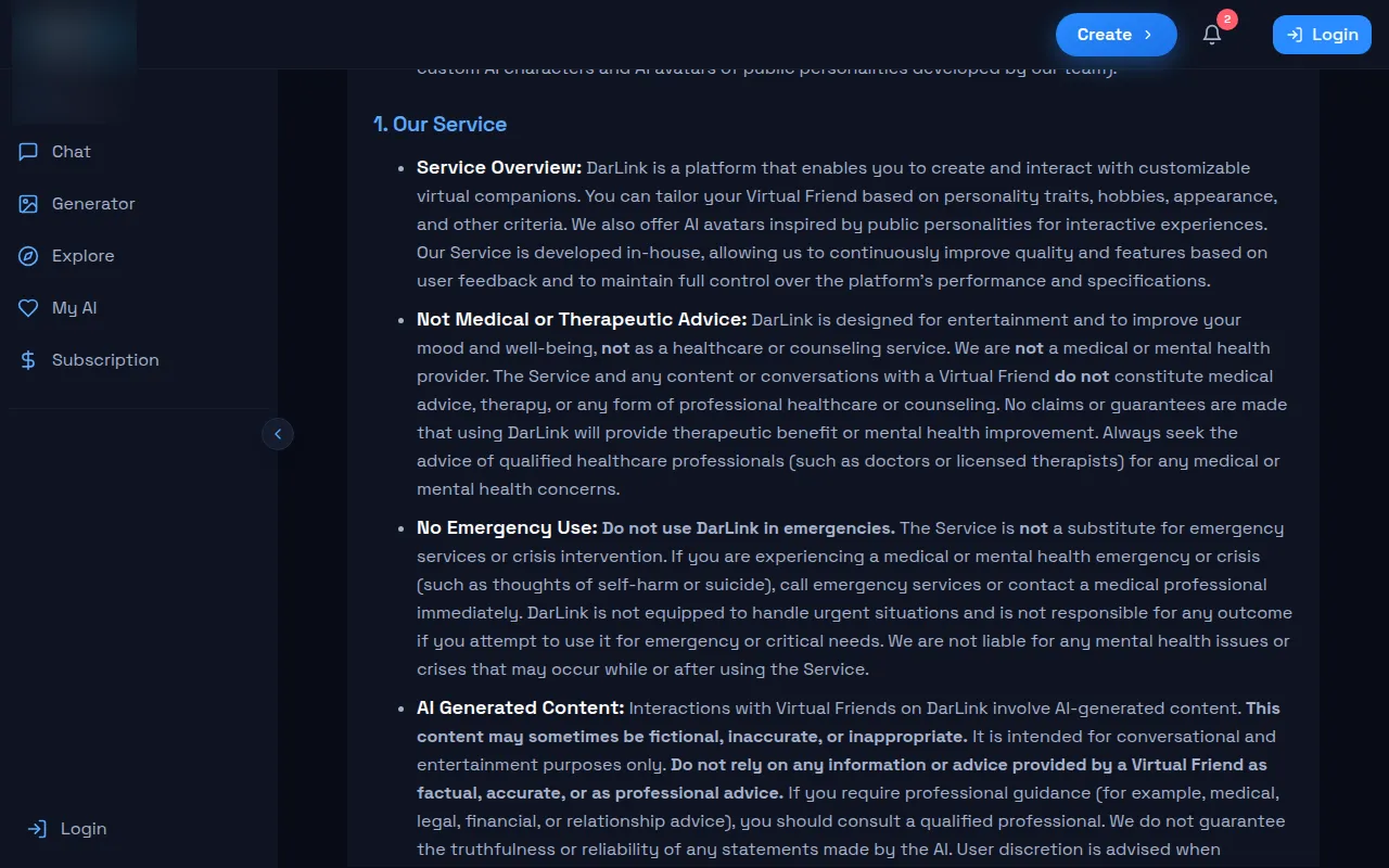 DarLink AI terms section 1 describing AI avatars inspired by public personalities