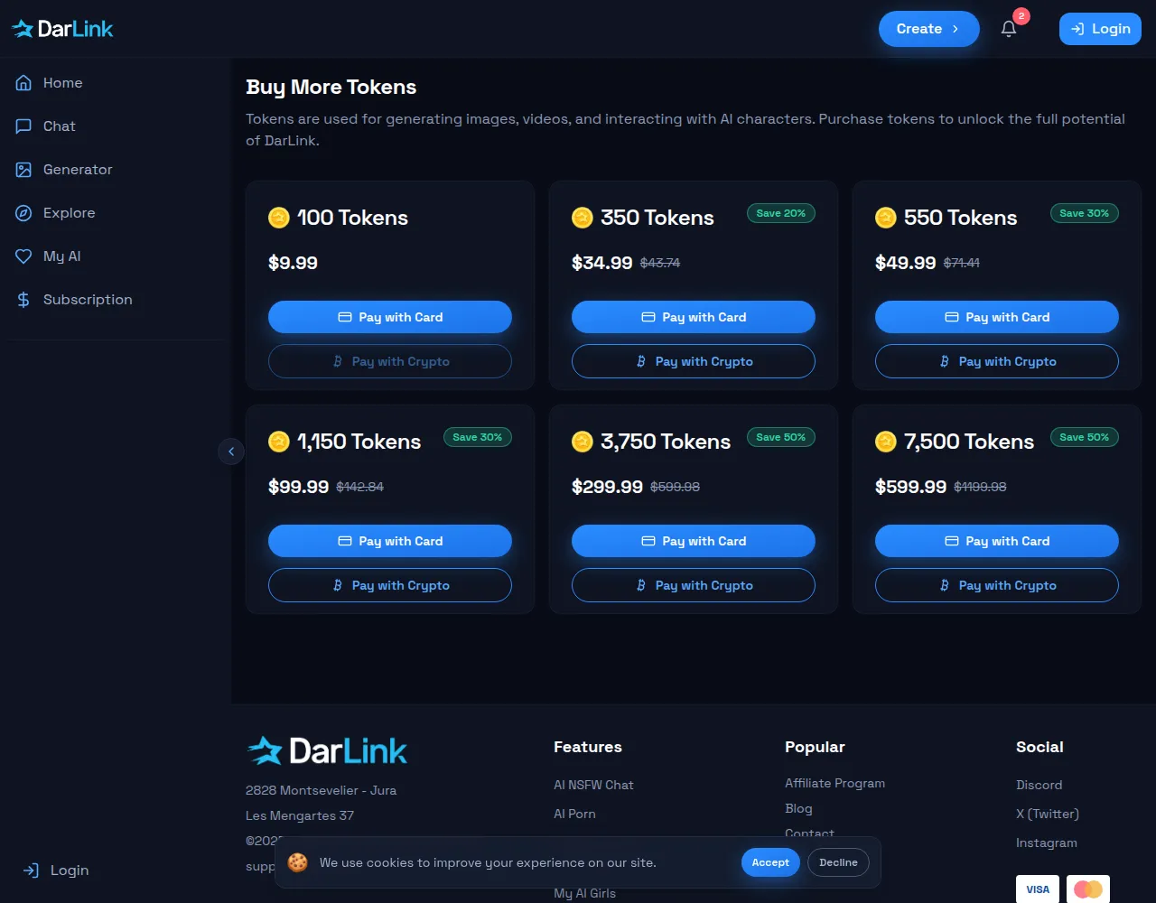 DarLink AI token store with six packs from 100 tokens for 9.99 dollars to 7,500 for 599.99