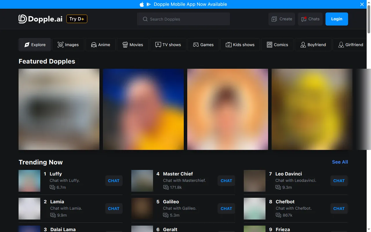 Dopple AI home page with Kids shows, Anime, Games and Girlfriend tabs and blurred character art