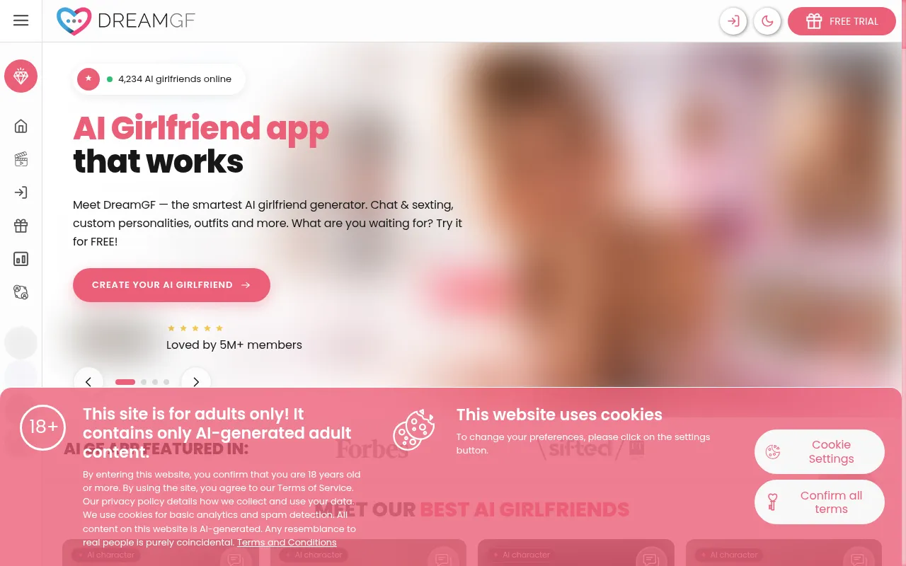 DreamGF 18+ and cookie banner over the homepage