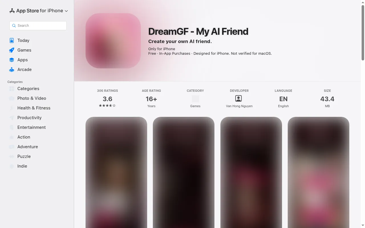 US App Store page for DreamGF - My AI Friend by developer Van Hong Nguyen