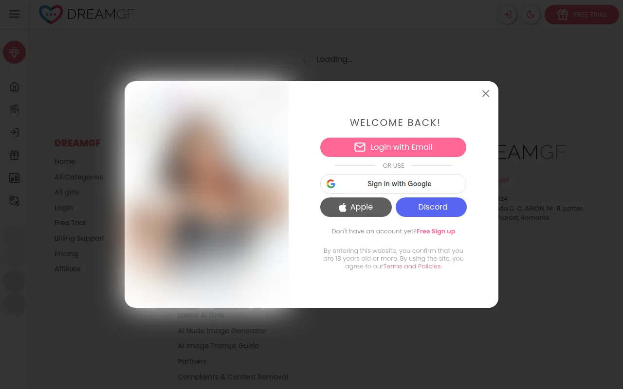 DreamGF login window with email, Google, Apple and Discord options over the chat page