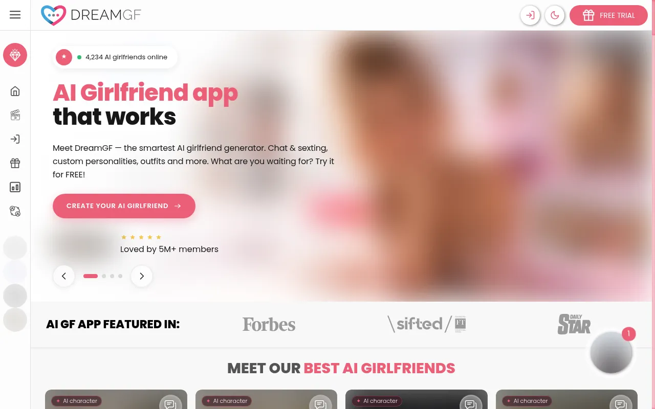 DreamGF homepage with the headline AI Girlfriend app that works and a Create your AI girlfriend button