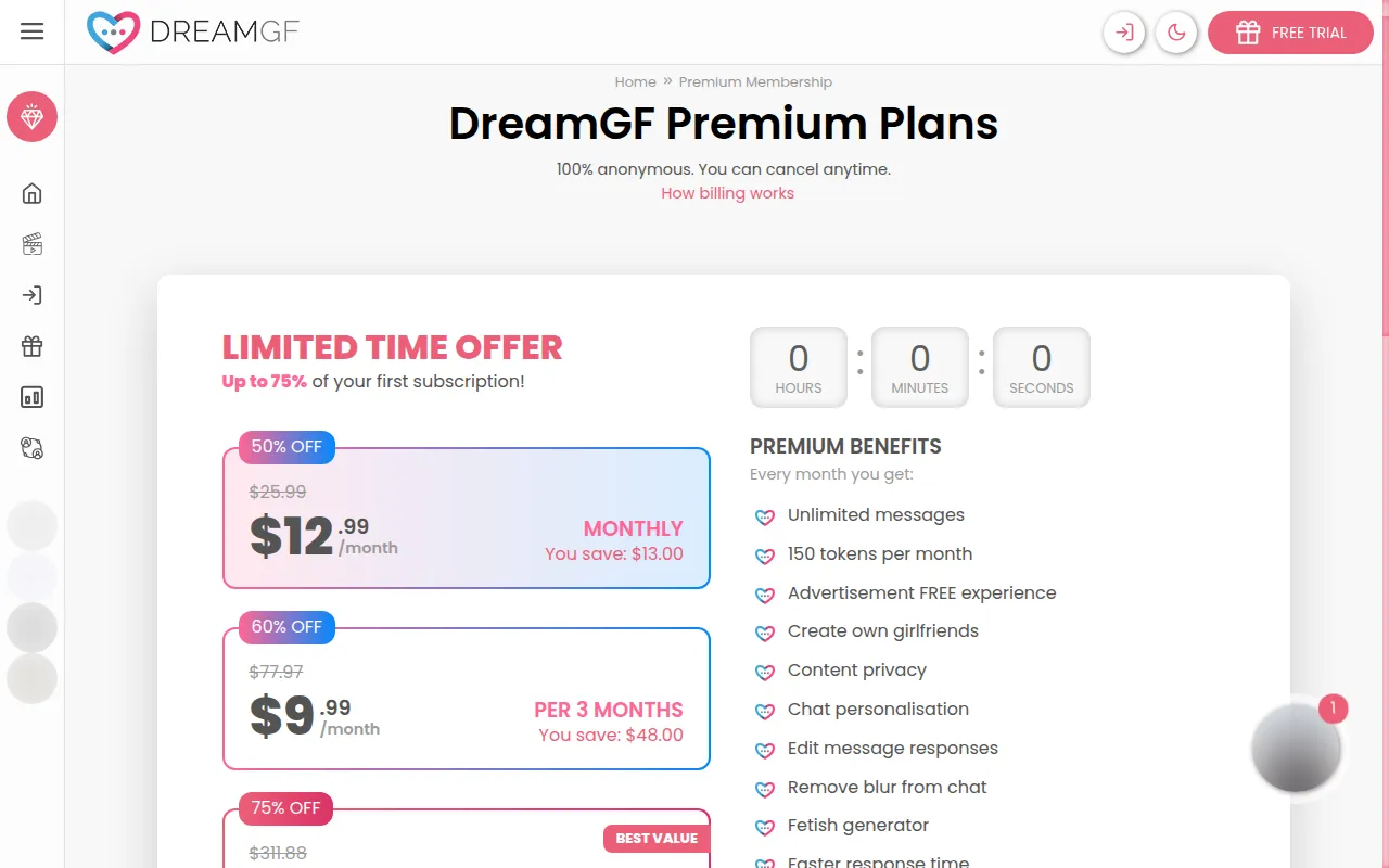 DreamGF Premium Plans page with monthly, 3-month and annual prices in US dollars